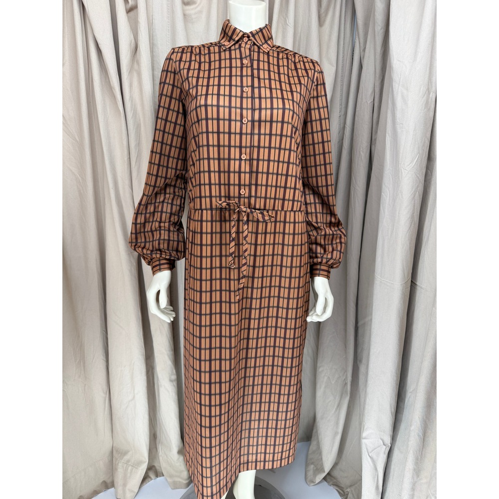 Vintage JCPenney Fashions Brown Plaid Belted Midi Shirt Dress Long Sleeve 14T